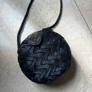 60s / 70s Black smocked textured beaded evening bag (clutch rope shoulder strap)